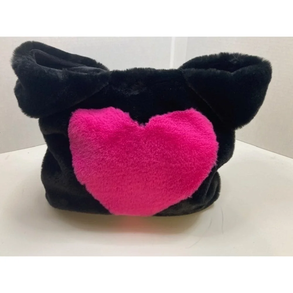 BP Fuzzy Black Purse with Hot Pink Heart Fur Valentine Day‎